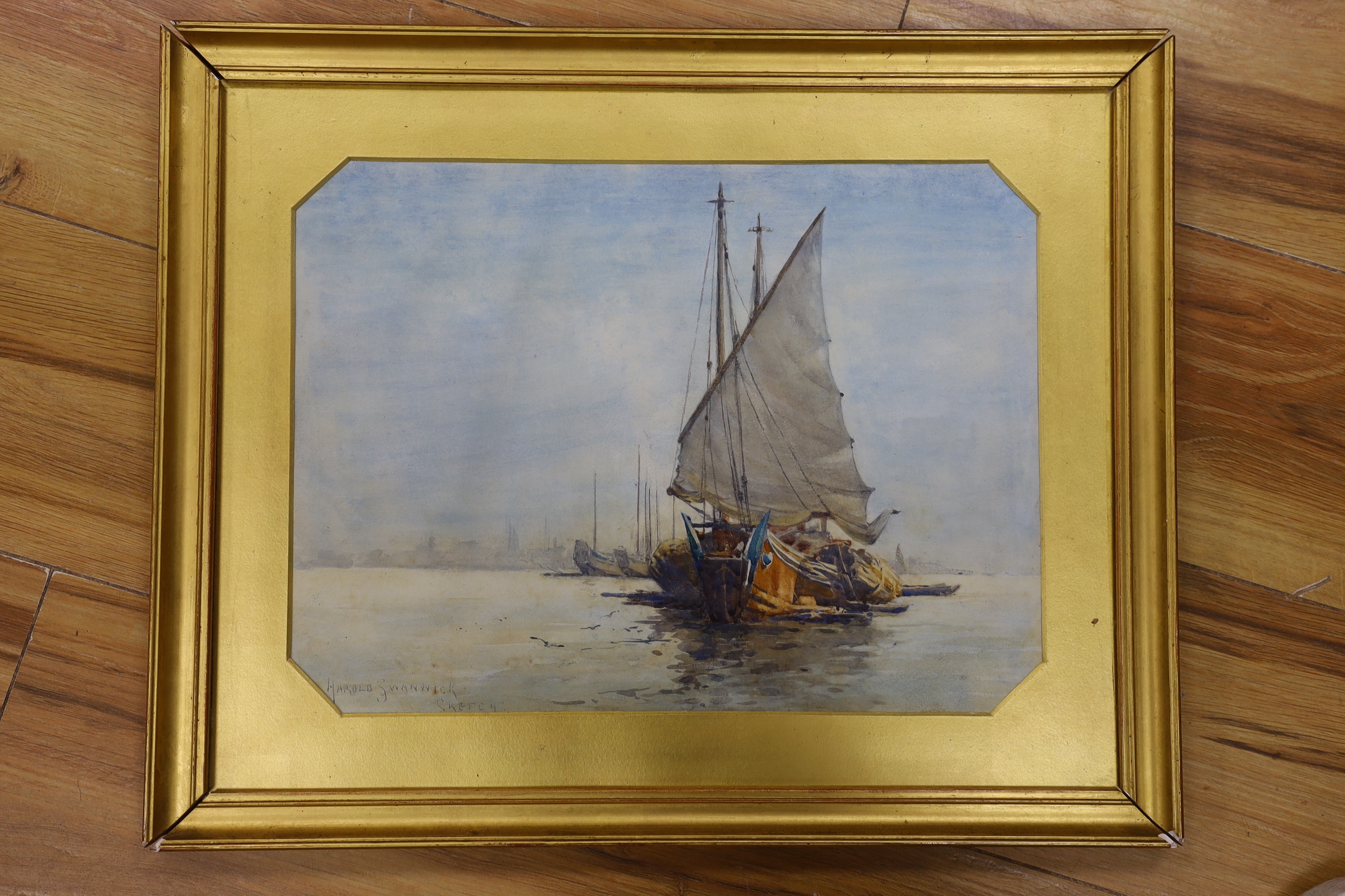 Harold Swanwick (1866-1929), watercolour, Fishing boats at anchor, signed, 26 x 35cm